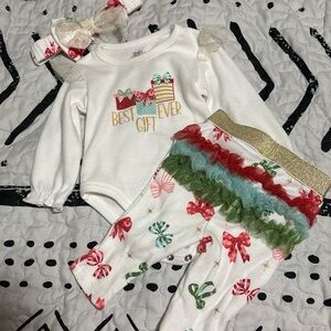 3 month Baby Essentials Baby Girl Christmas Set (onesie, ruffle butt pants, bow)